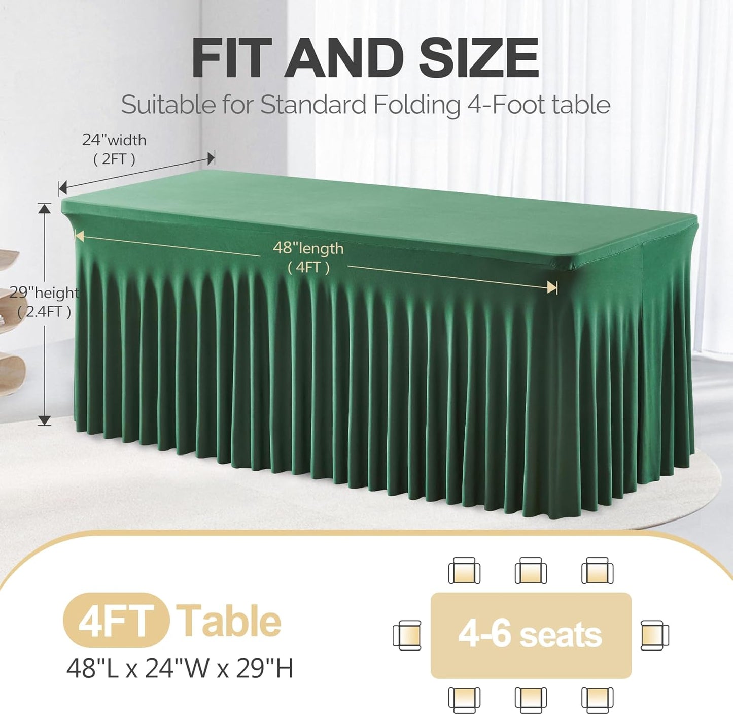 PARTISKY Hunter Green Spandex Tablecloth for 4ft Rectangle Tables, Stretchable Table Cover Skirt for Folding Tables Weddings Parties Banquets Events Trade Shows and Dessert Table