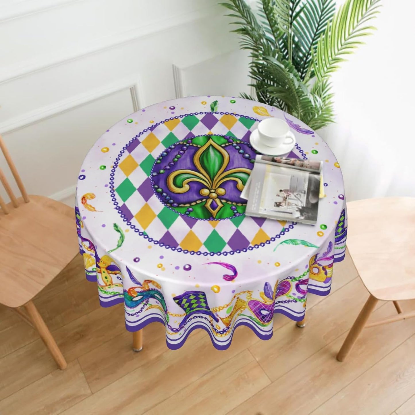 Giwawa Mardi Gras Round Tablecloth 60Inch, Carnival Festival Masquerade Party Celebration Table Cover, Mask Beaded Feather Checkered Table Cloth Washable for Kitchen Dining Holiday Picnic Decor