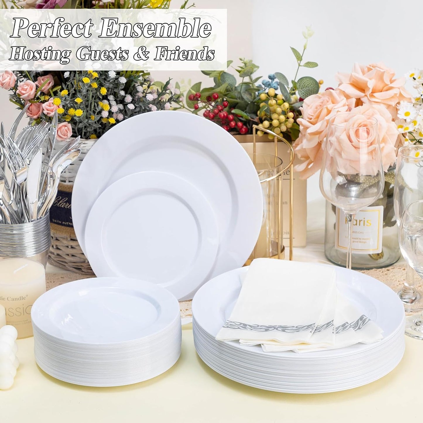 200PCS White Plastic Plates Set, 100 10.25 inch Dinner Plate and 100 7.5 inch Dessert Plates, Premium Disposable Plates for Party, Wedding