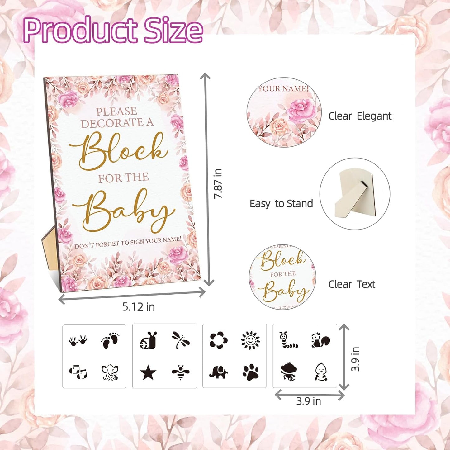 141 Pcs Baby Shower Game Sign Set Includes Decorative Square Signs 100 DIY Blank Wooden Blocks 20 Paint Markers(Flower)