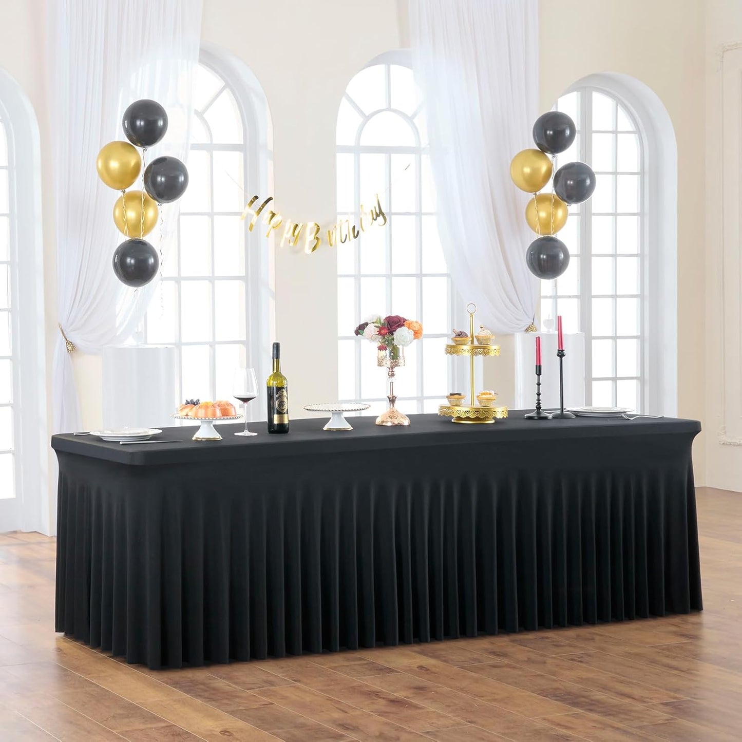 1 Pack Black Spandex Tablecloth 8ft with Pleats Skirt, Wrinkle Free High Stretch Fitted Tablecloths for 8 Foot Rectangle Tables, Ruffle Elastic Spandex Table Covers 8ft for Parties Weddings Banquet