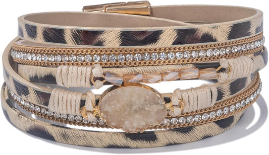 FANCY SHINY Leather Wrap Bracelet Boho Cuff Bangle Bracelets Crystal Bead Bracelet with Magnetic Clasp Jewelry Gifts for Women