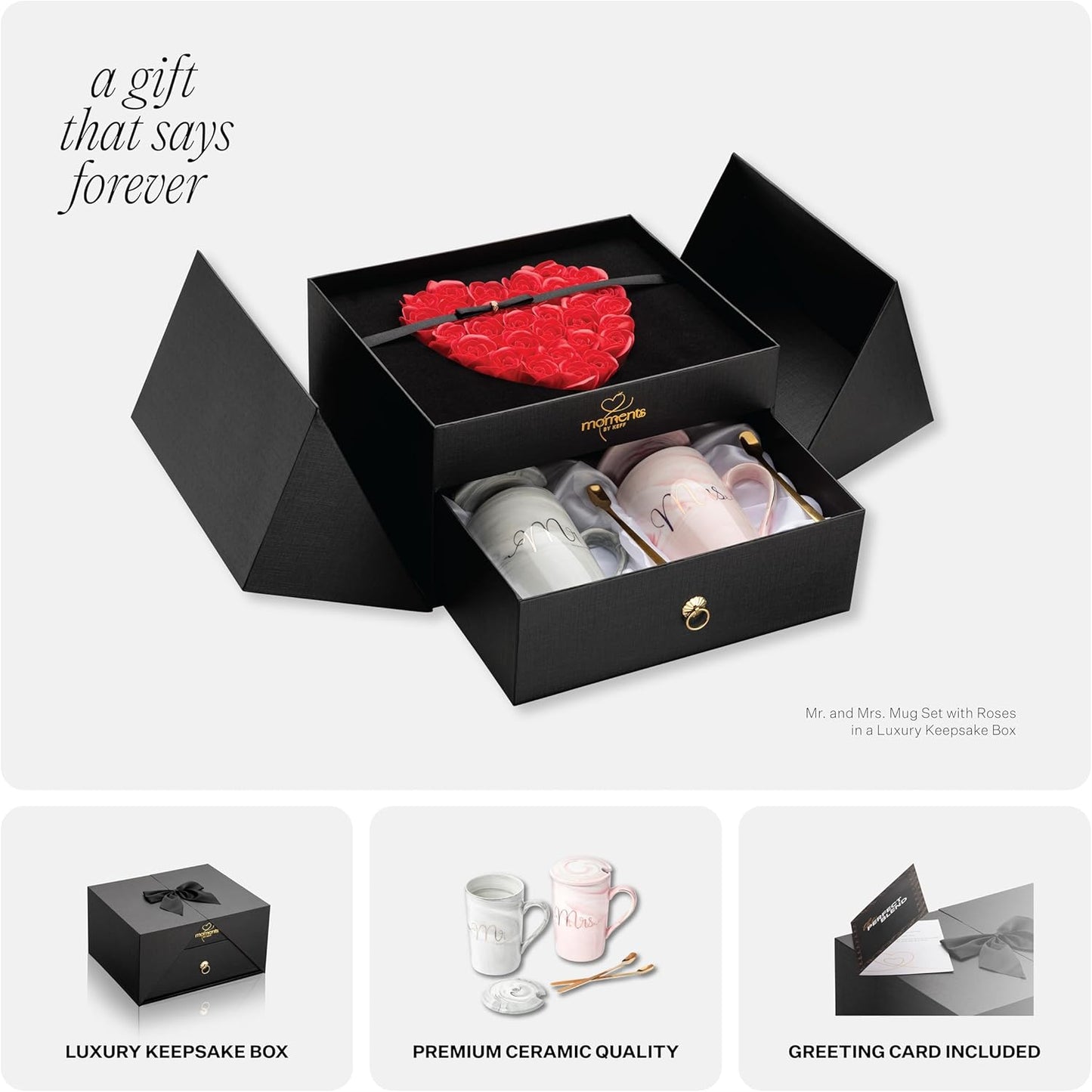 Mr & Mrs Coffee Mug Set of 2, 14oz Ceramic Mug with Lid & Teaspoon - Engagement Gifts for Couples Matching, Bridal Shower Gifts for Bride To Be - Just Married Couple Wedding Gift Ideas