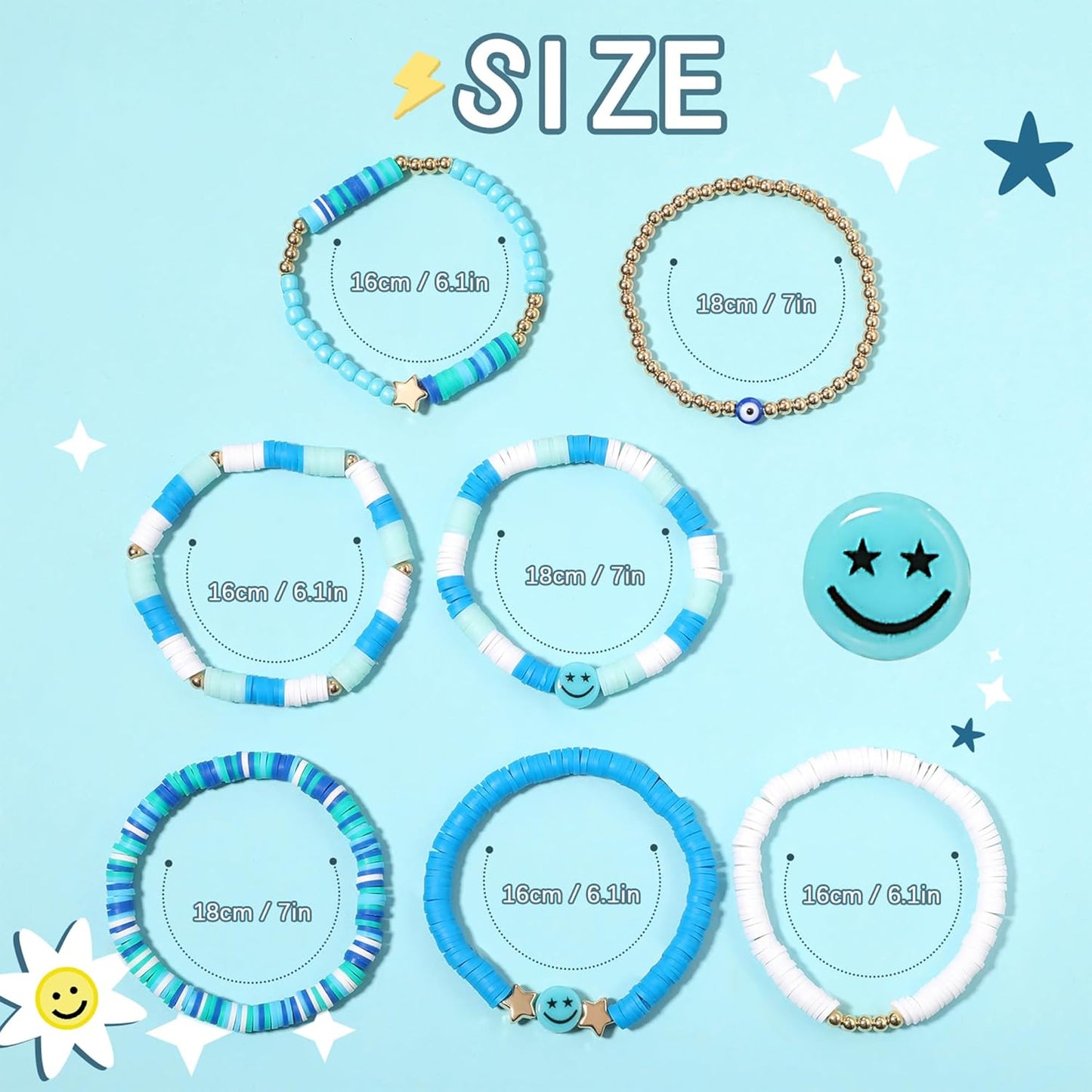 Preppy Bracelets Set Colorful White Gold Smile Heart Star Polymer Beaded Pearl Clay Stackable Charm Y2K Kidcore Aesthetic Summer Beach Bohemian Stretch Layering Bracelets Jewelry for Girls Women Teens