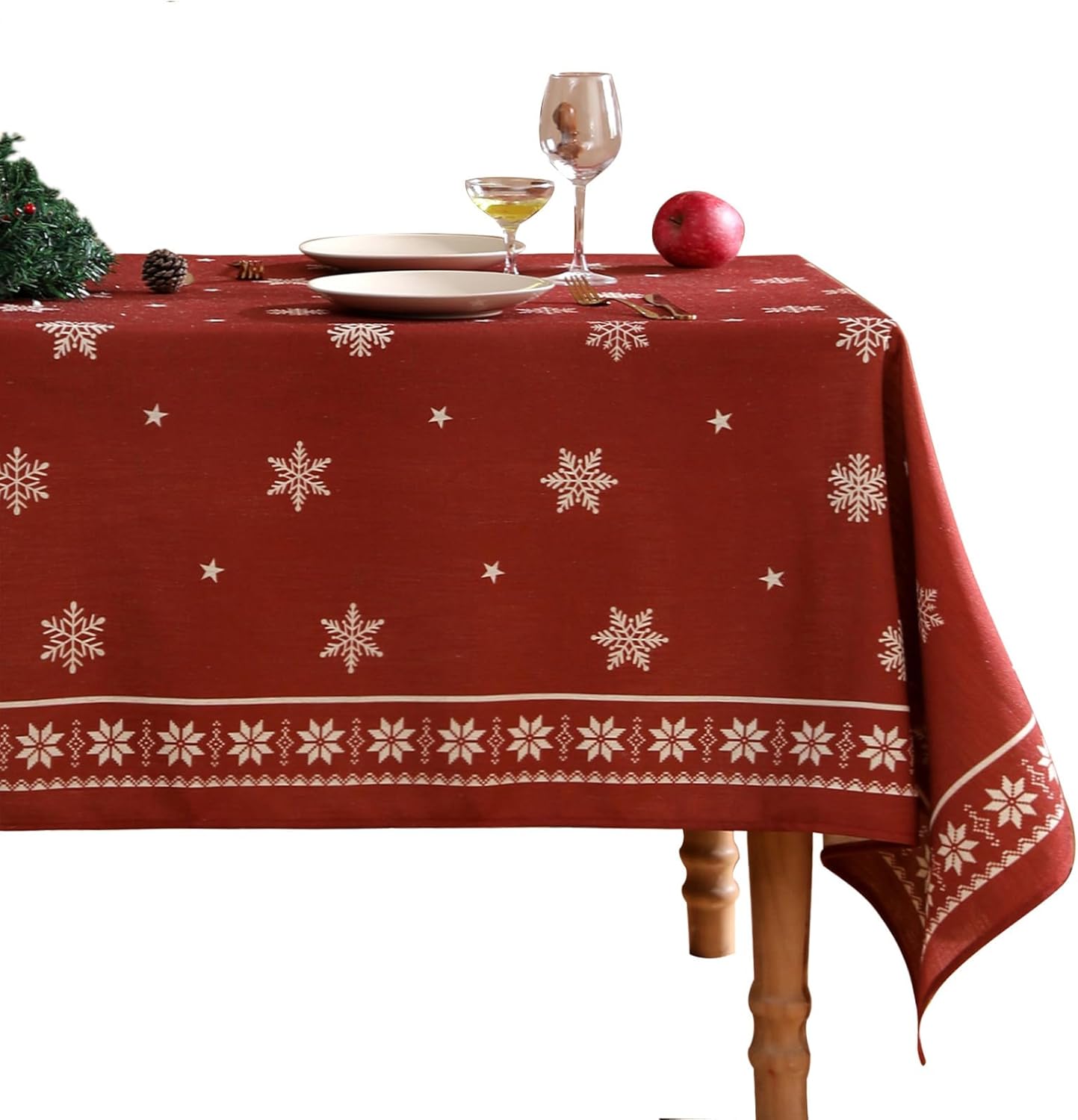ISAENNE Designer Christmas Red Long Rectangular Tablecloth,Linen Table Cloth with Snowflakes Pattern,Wrinkle Resistant Decor Tablecloths for Dining Kitchen Thanksgiving Christmas,63"*102"-Carol C