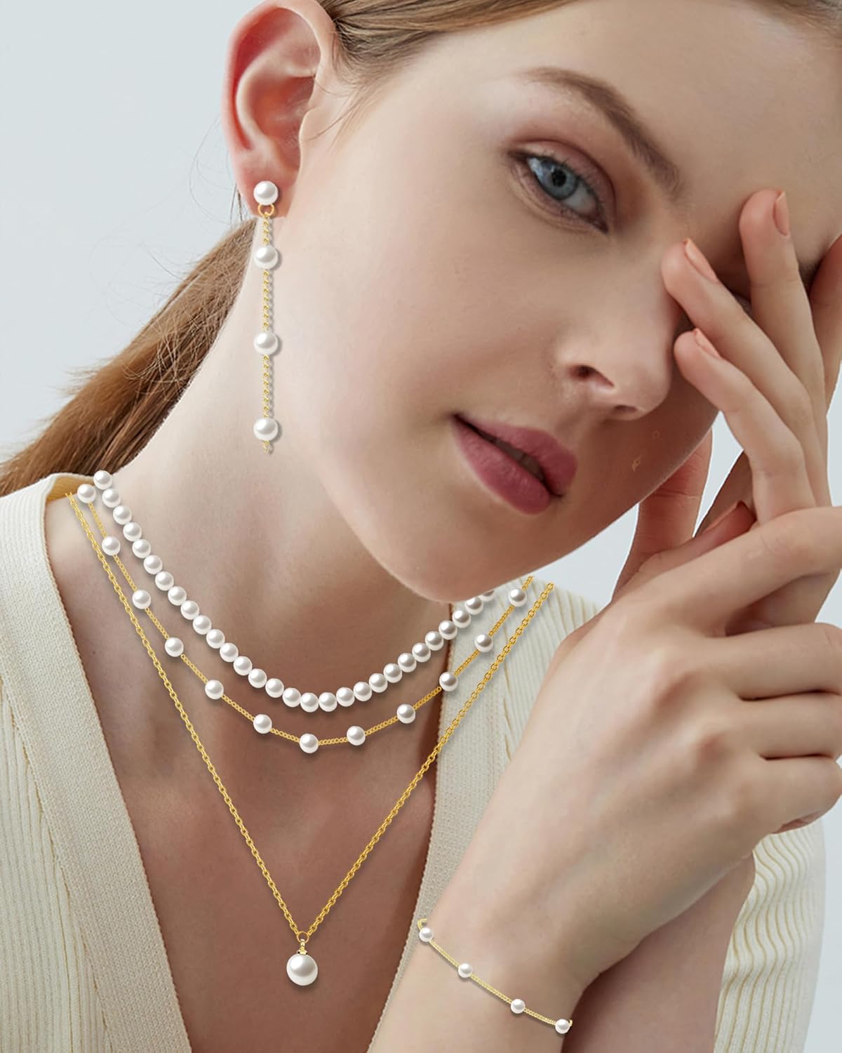 Pearl Jewelry Set for Women Faux Pearl Costume Jewelry Set with Necklace, Bracelets, Ring, Earrings for Wedding Bridal Birthday Tea Party