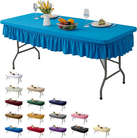 8ft Sky Blue Stretch Tablecloth for Rectangular Tables - Flared Wrap Design, Waterproof, Wrinkle-Resistant, Washable - Ideal for Weddings, Parties, Banquets & Table Protection
