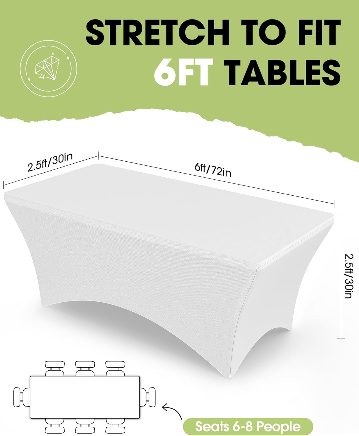 Pureegg Spandex Tablecloth 6ft - 6 Pack, Fitted and Stretch Table Cover for Rectangle Tables, Wrinkle-Resistant and Secure Fabric for Outdoor, Picnic, Party, Wedding, Banquet and Birthday, White