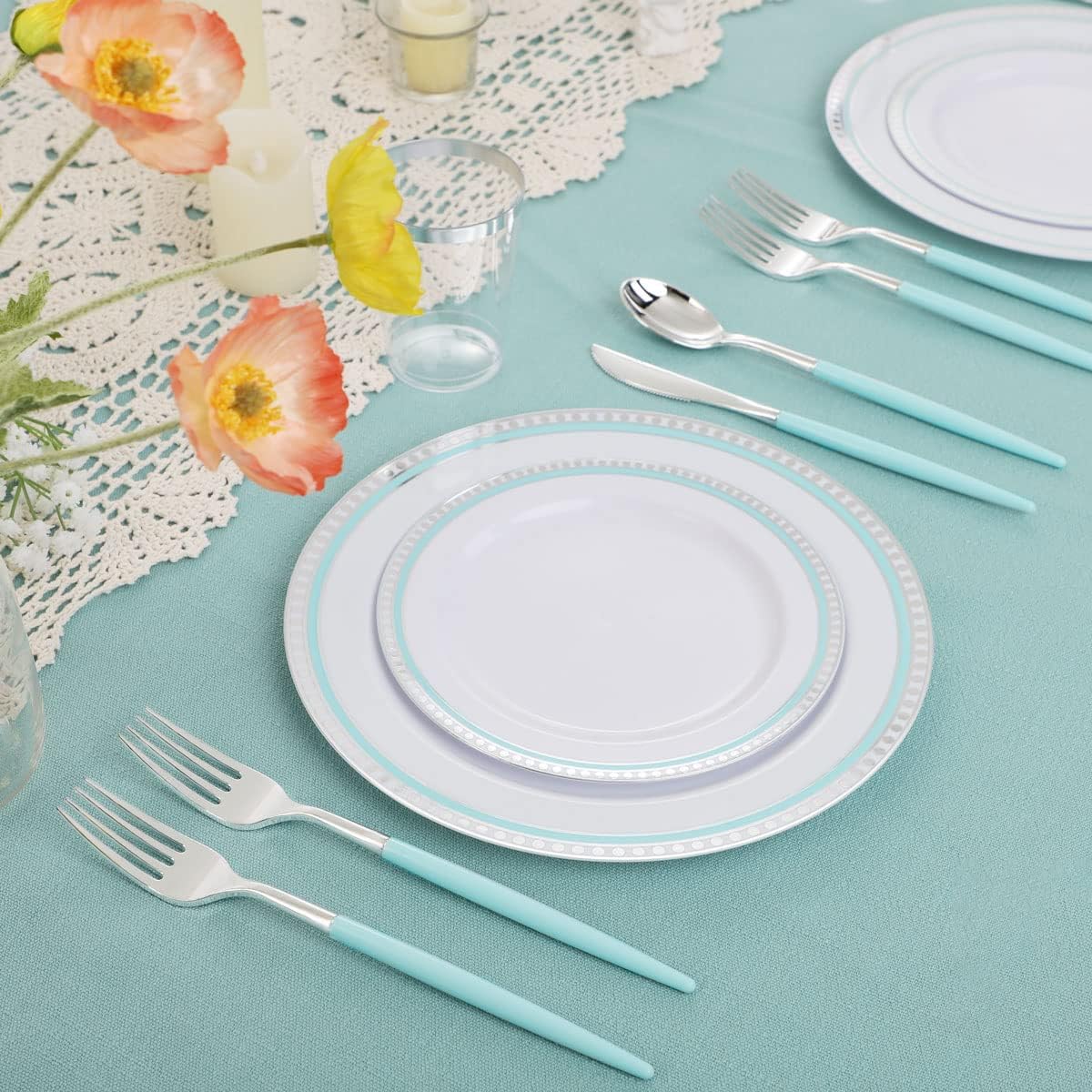 COLOSUS 125pcs Disposable Silver Blue Plastic Plates and Silverware .Light baby blue dinnerware party set include 25 Dinner Plate 25 Dessert Plate 75 silverware for Easter day Party Dinner