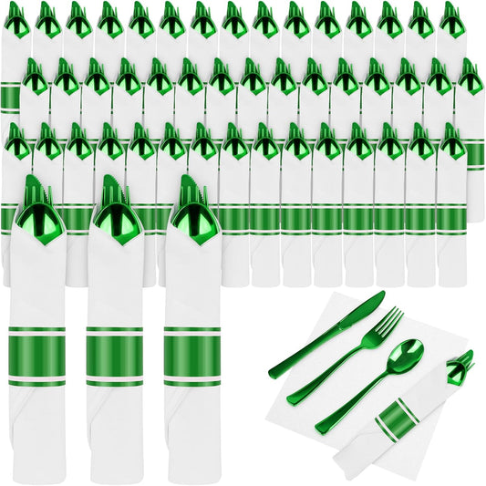 100Pack Pre Rolled Green Plastic Silverware - Wrapped Green Disposable Cutlery with Napkins, Pre Rolled Plastic Cutlery Set, Disposable Silverware with Dinner Napkins for St Patrick's Day