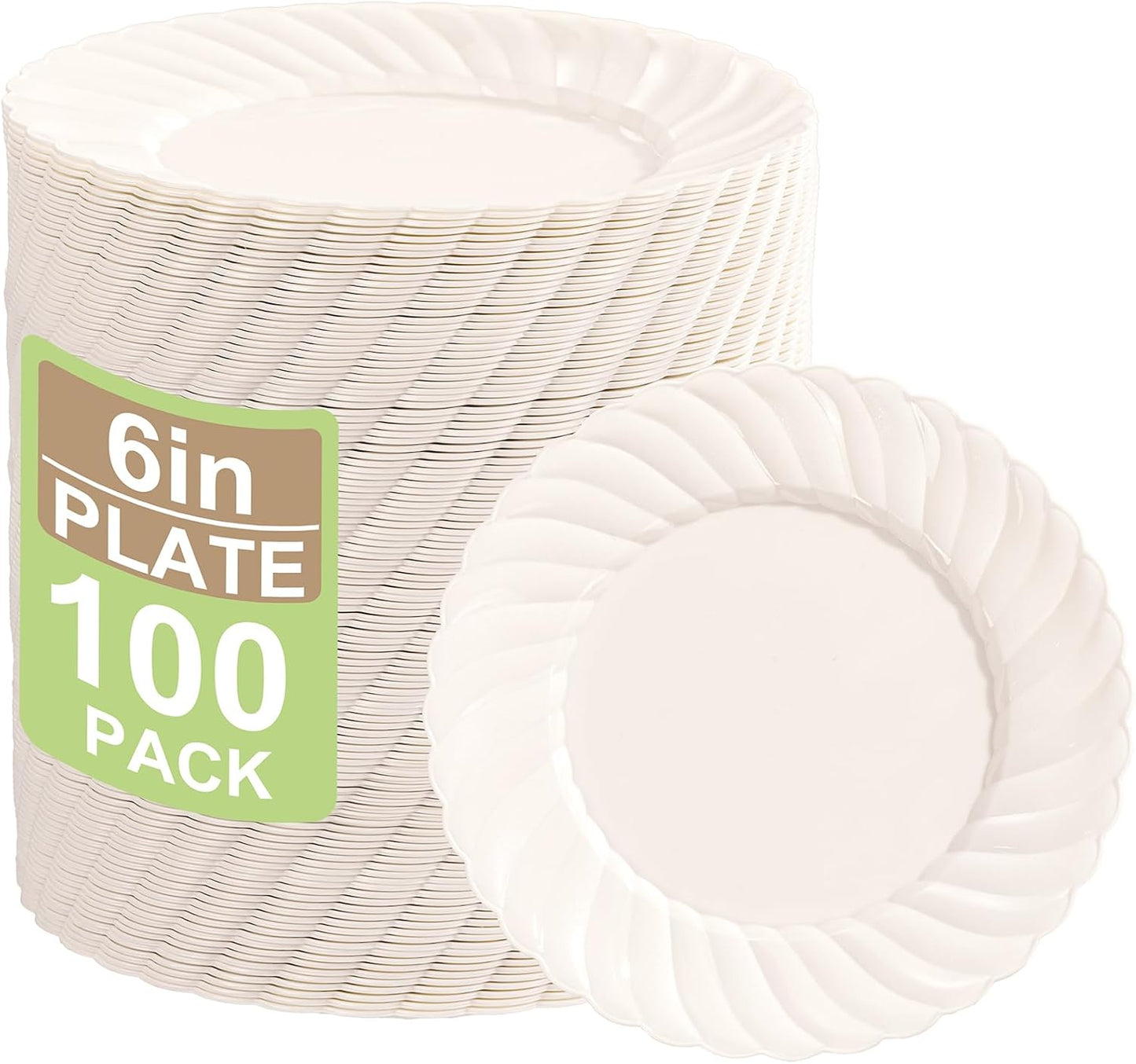 U-QE 100 Count 6 Inch Ivory Plastic Plates - Scalloped Thanksgiving Dessert Plates Disposable - Premium Fancy Disposable Heavy Duty Party Supplies for Thanksgiving, Celebrations, Weddings and Events