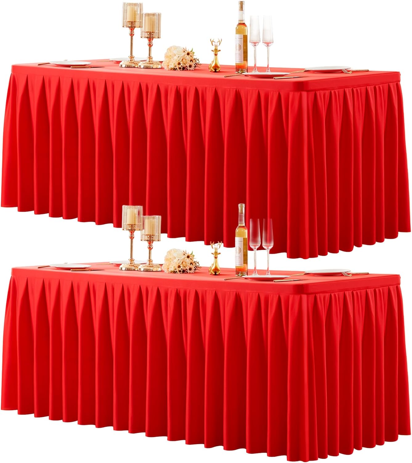 2 Pack Red Rectangle Tablecloth 6 FT Stretch Spandex Fitted Table Cloth for 6 Foot Rectangle Tables Banquet Tablecloths Wrinkle Free Table Cover Skirt Ruffle Tablecloths for Party Wedding Birthday