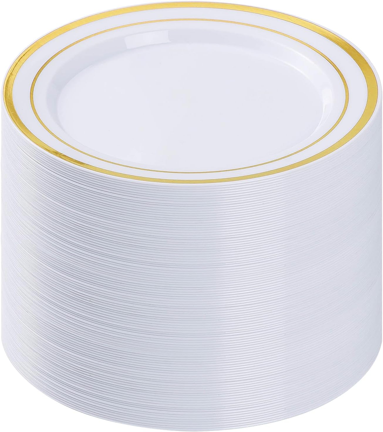 BESTVIP 100PCS Gold Plastic Plates, 10.25 Inch Disposable Dinner Plate Party with Gold Rim for Christmas, Thanksgiving, Heavy Duty Disposable Plastic Plates for Party, Wedding and Birthday, Events