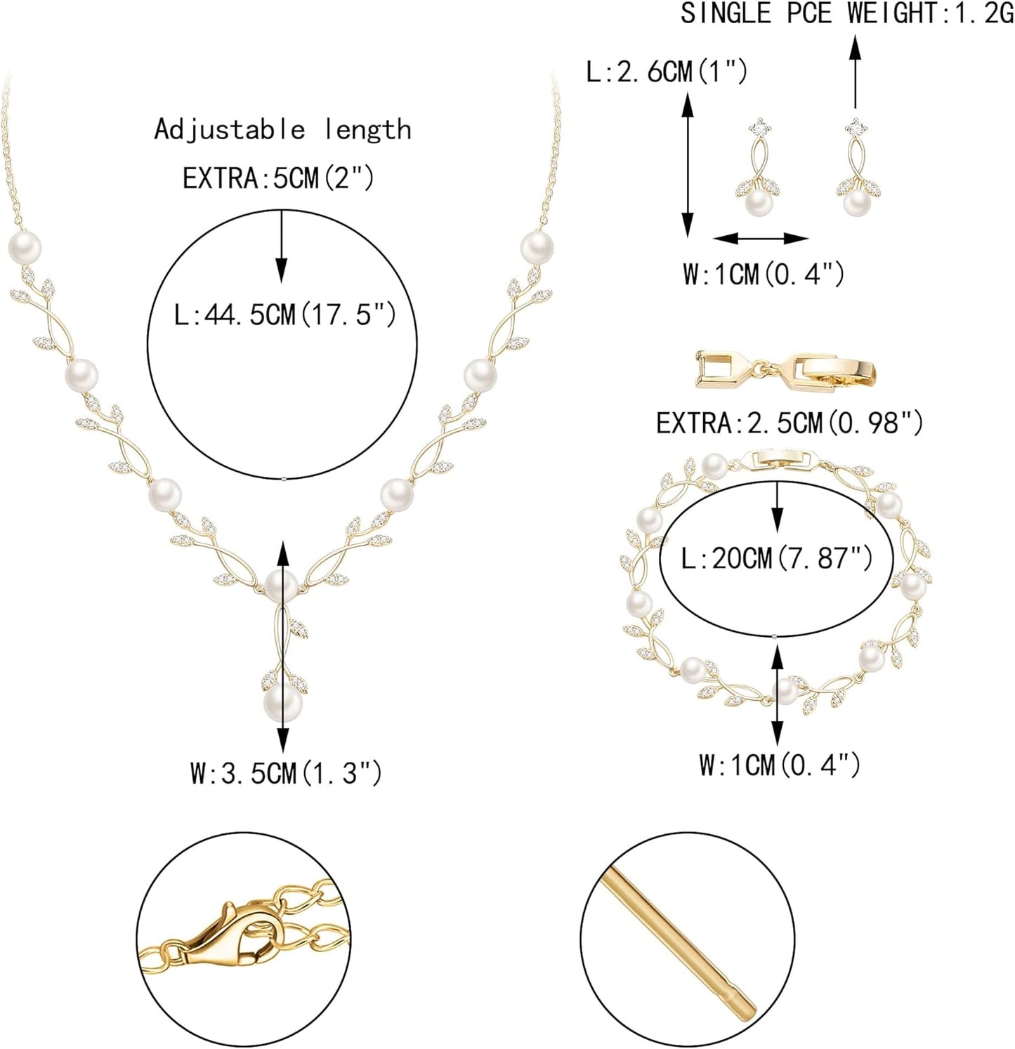 EVER FAITH Bridal Cubic Zirconia Jewelry Sets for Women, White Simulated Pearl Leaf Vine Pendant Wedding Party Necklace Earrings Set for Bridesmaid Bride