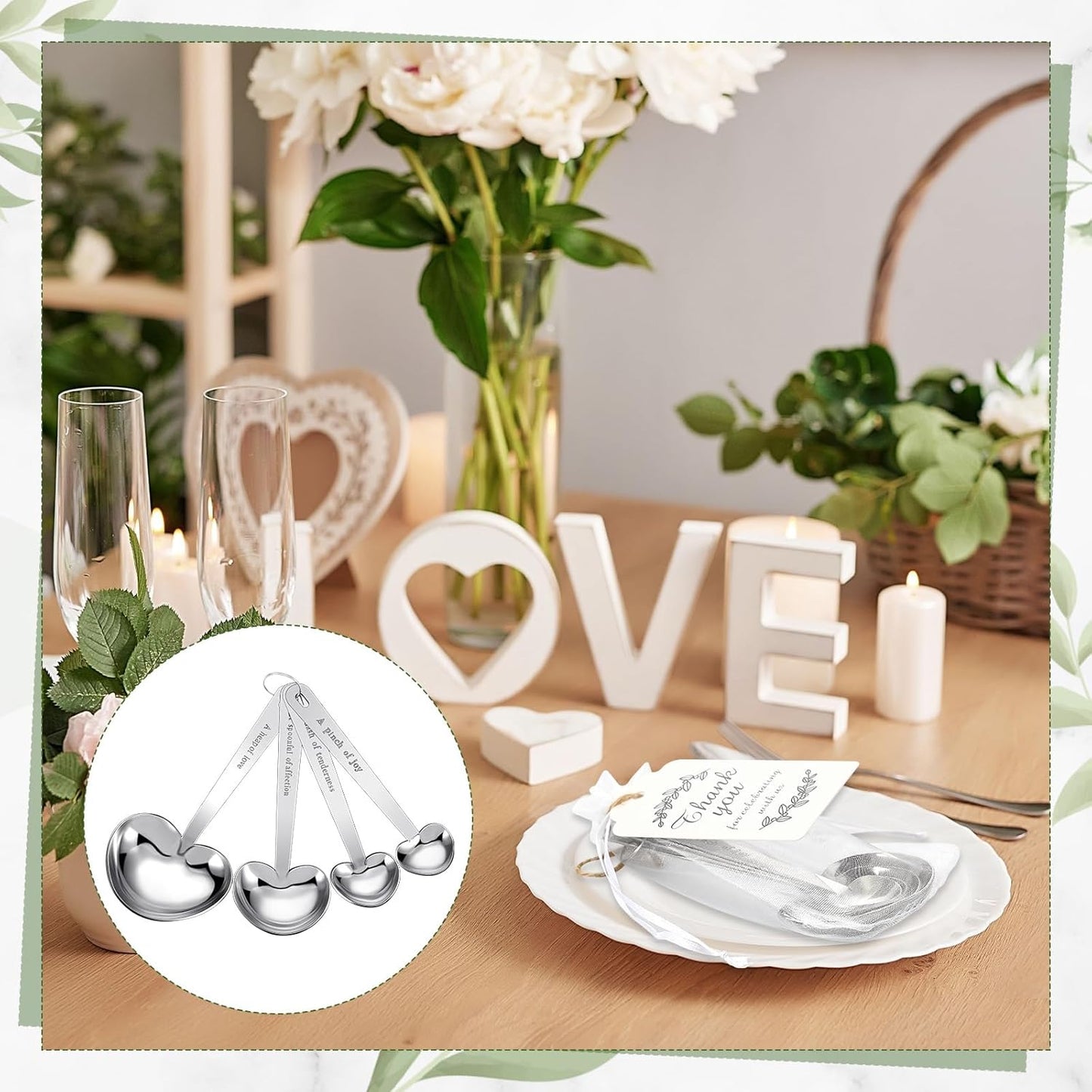 Umigy 100 Set Heart Shaped Measuring Spoon Tea Spoons Wedding Baby Shower Favors for Guests Set Heart Shape Drawstring Organza Bag Gift Tag Rope for Wedding Bridal Shower Souvenir (Silver)