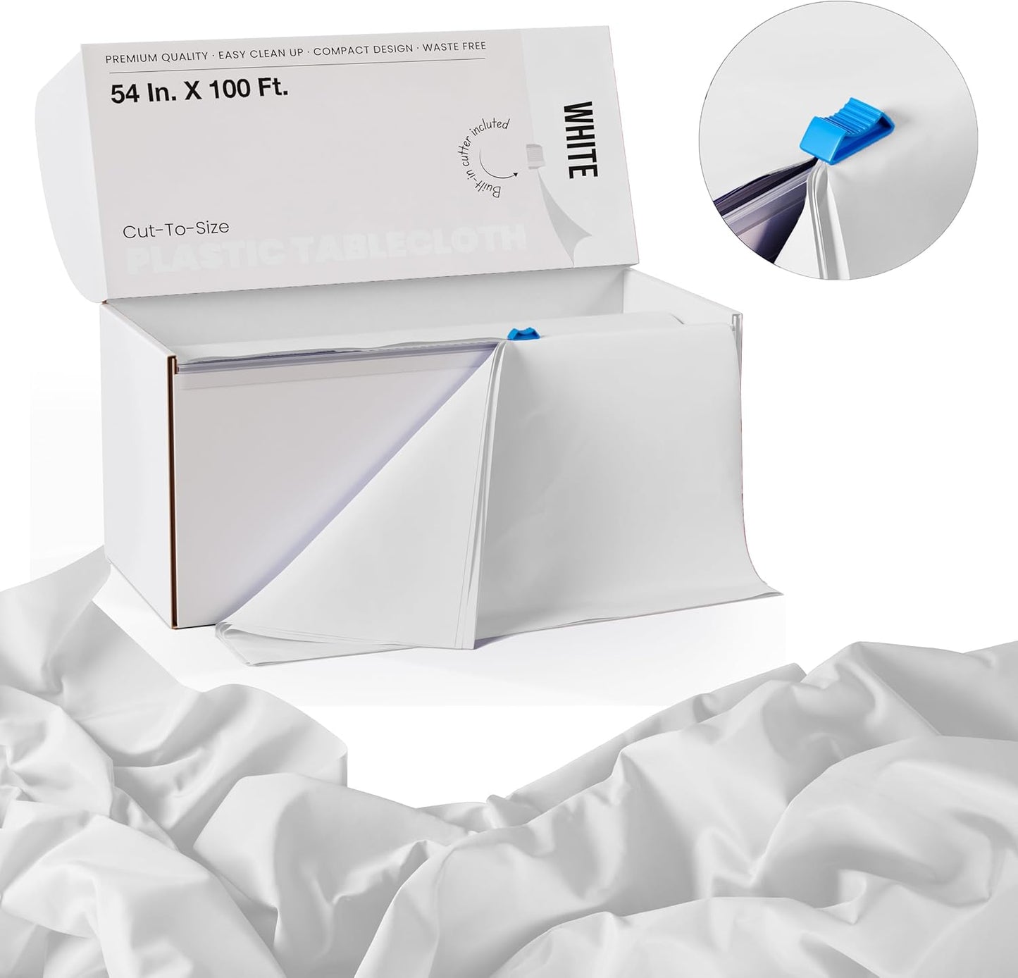 Party Solids 54 Inch X 100 Feet White Plastic Table Cover Roll in A Cut - to - Size Box with Convenient Slide Cutter. Cuts Up to 12 Rectangle 8 Feet Plastic Disposable Tablecloths