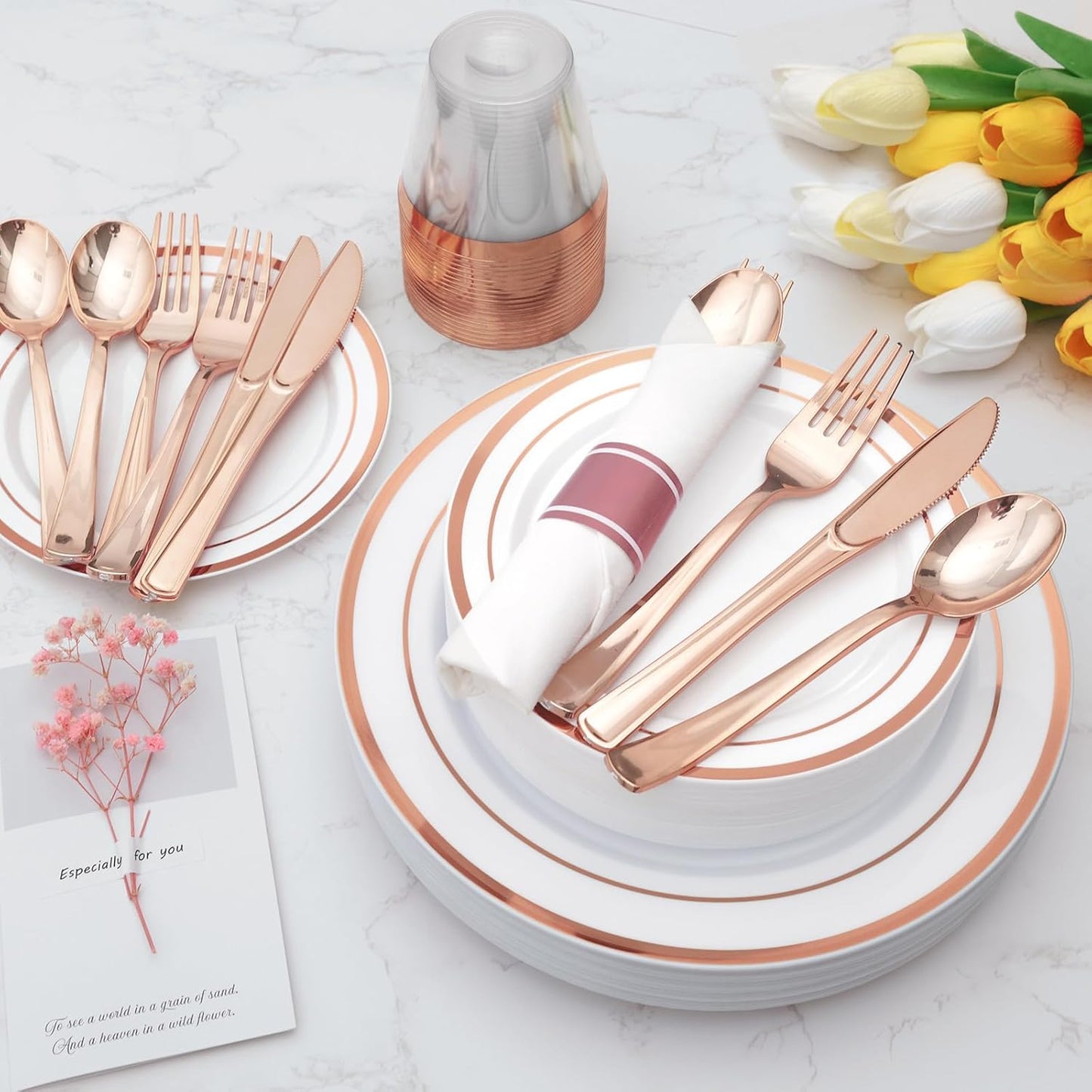 Goodluck 350 Piece Rose Gold Plastic Dinnerware Set for 50 Guests, Fancy Disposable Plates for Party, Include: 50 Dinner Plates, 50 Dessert Plates, 50 Pre Rolled Napkins with Silverware, 50 Cups