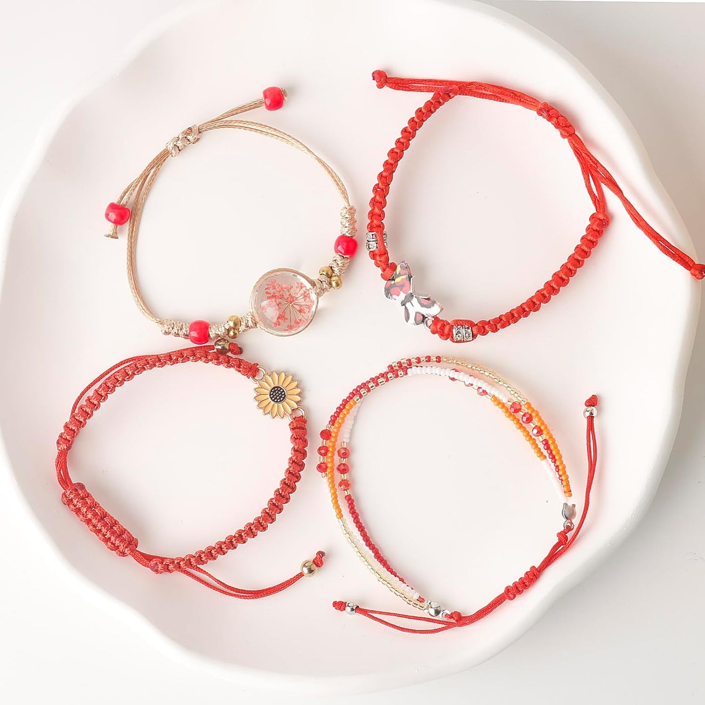 DS 4PCS String beads Charm Bracelets for Teen Girls Dainty cute cartoon Butterfly Daisy Eternal flower Beads Bracelets set for woman and girls Adjustable Stretch bracelet birthday Gift For Friends