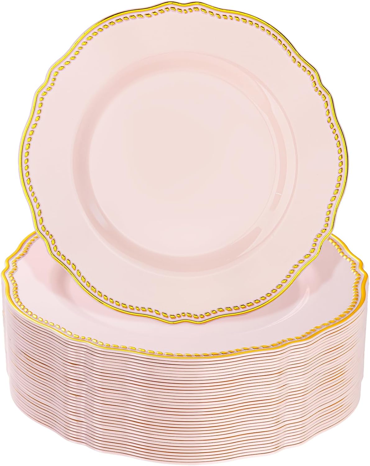 Hioasis 60pcs Pink Plastic Plates - Pink and Gold Disposable Dinnerware with Gold Rim, Heavy-duty, 7.5 inch, Dessert Plates for Party & Wedding