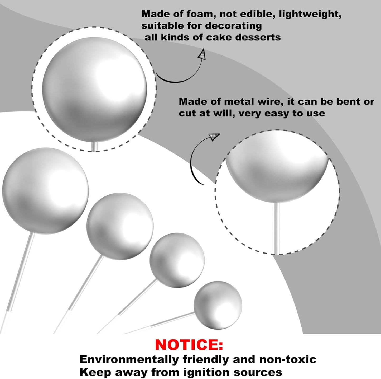 36 Pack Balls Cake Topper Decorations Foam Balloons Cake Decorations Sticks Mini Balloons Cake Toppers Balls Cake Picks for Baby Shower Wedding Anniversary Birthday Party Decorations Silver