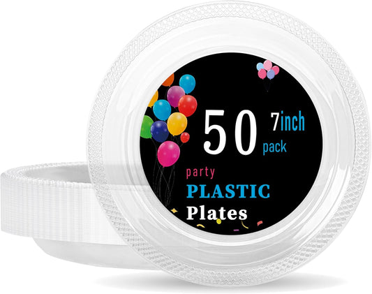 WELLIFE 7 Inch Plastic Plates Clear 50 Count Disposable Plate for Party, Dessert Small Plates for Dinner Cake Salad Supplies Birthday