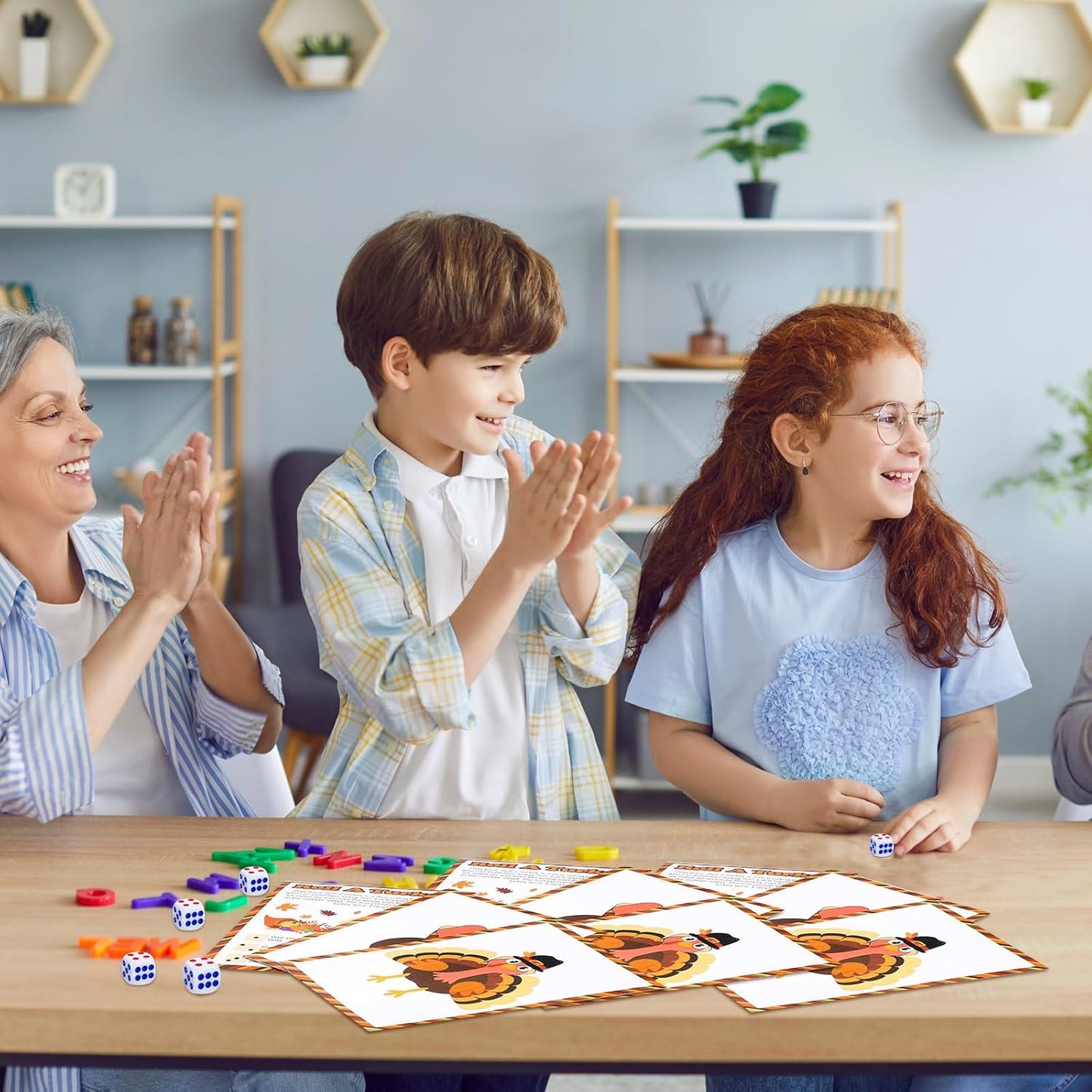 84 Pcs Roll a Turkey Game Thanksgiving Dice Game Include 40 Cards, 40 Turkey Stickers and 4 Dice Thanksgiving Friendsgiving Activities for Family Classroom Harvest Party Supplies