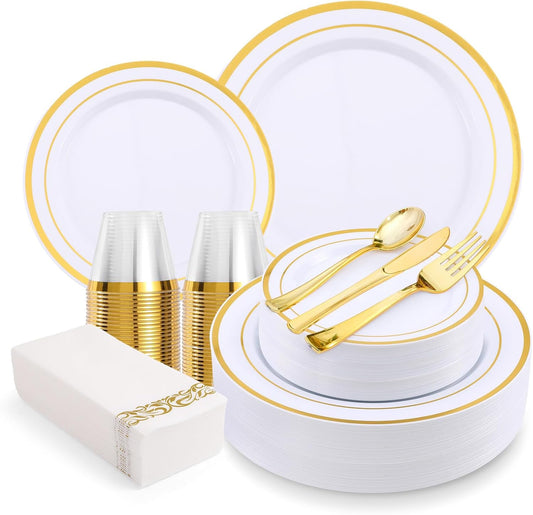 350-Piece Gold Rim Plastic Dinnerware Set for 50 Guests, Elegant Disposable Dinnerware for Party, Wedding. Includes Dinner Plates, Dessert Plates, Gold Silverware, Napkins, Cups