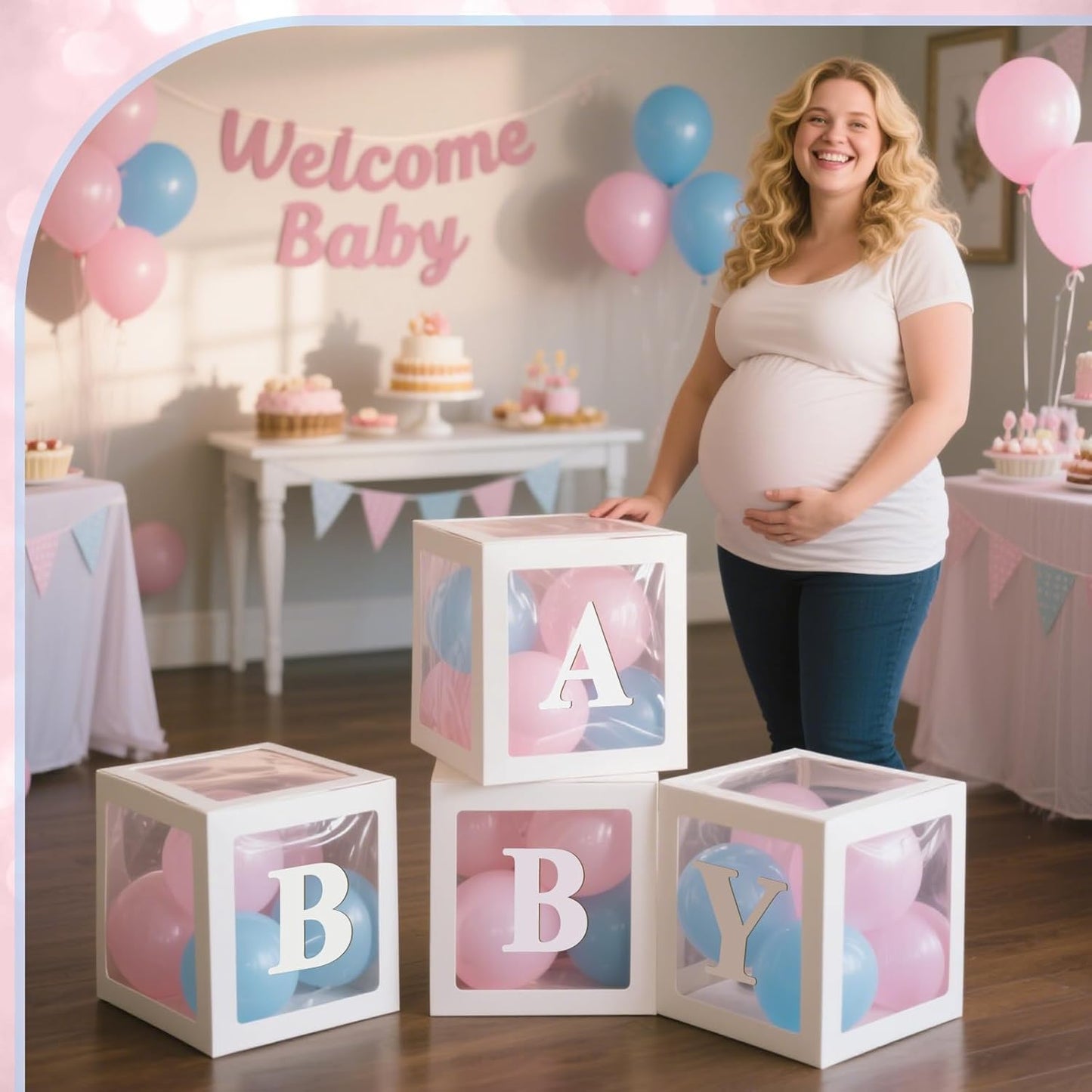 Ledido Baby Boxes with Letters for Baby Shower Decorations with 38 Balloons, 4 pcs Clear Baby Balloon Boxes Blocks for Baby Shower Decor Boy Girl Gender Reveal Decorations Backdrop Party (White)