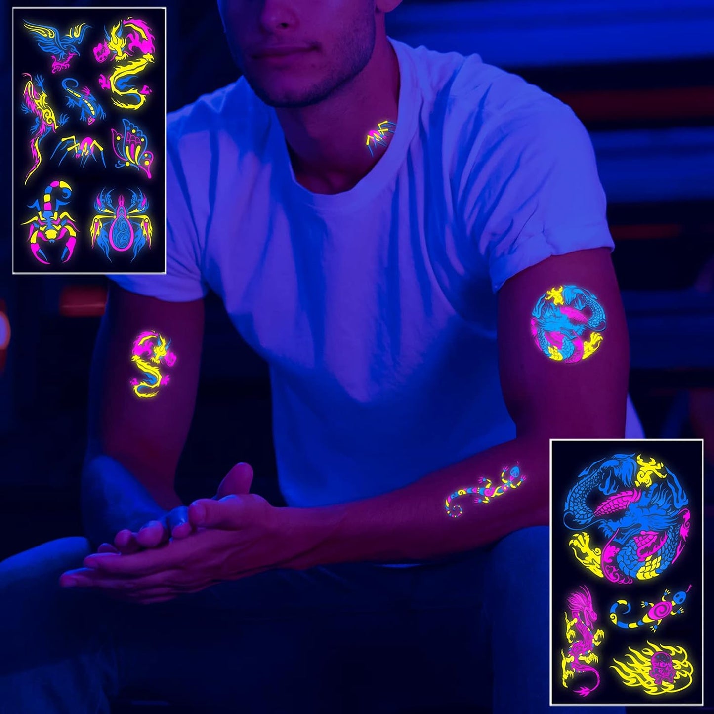 Neon Temporary Tattoos Glow In The UV Neon Tattoos Stickers 61 Glitter Styles Dragon Scorpion Spider Cool Fake Waterproof Tattoos for Men Women Party Decoration