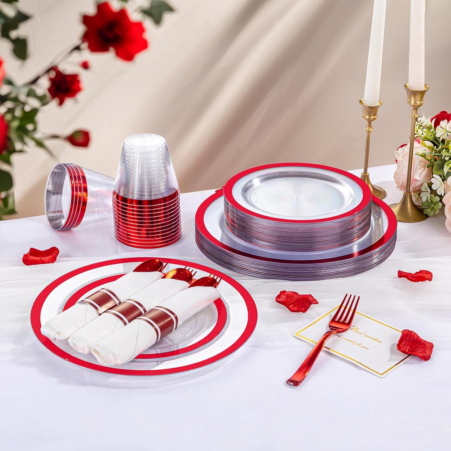 I00000 350 Pcs Red Plastic Plates,Clear Disposable Plate Set, Include 50 Dinner Plates, 50 Dessert Plates,50 Cups,50 Per Rolled Napkins with Plastic Cutlery for Wedding Thanksgiving Christmas Party