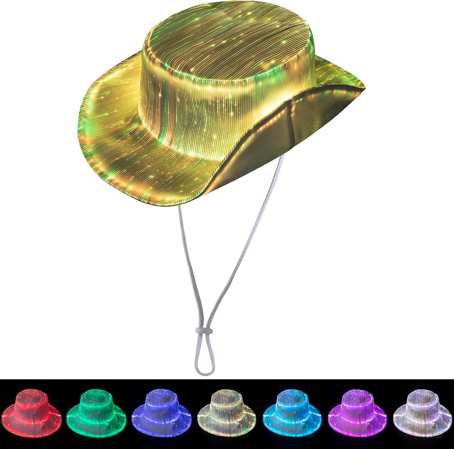 LED Bucket Hat, 7 Colors Rave LED Hats for Men Women Rechargeable Light up LED Cowboy Hat Wide Brim Neon Outfit for Party (White)