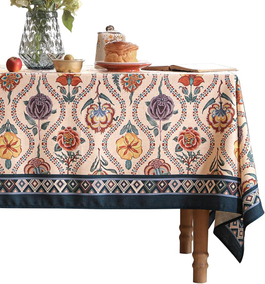 Vintage French Rectangular Tablecloth,Linen Tablecloth with Rose and Cornflower Pattern,Decorative Table Cover for Kitchen,Dining,Thanksgiving,Christmas,Tea Party,55"*87"-Lanae