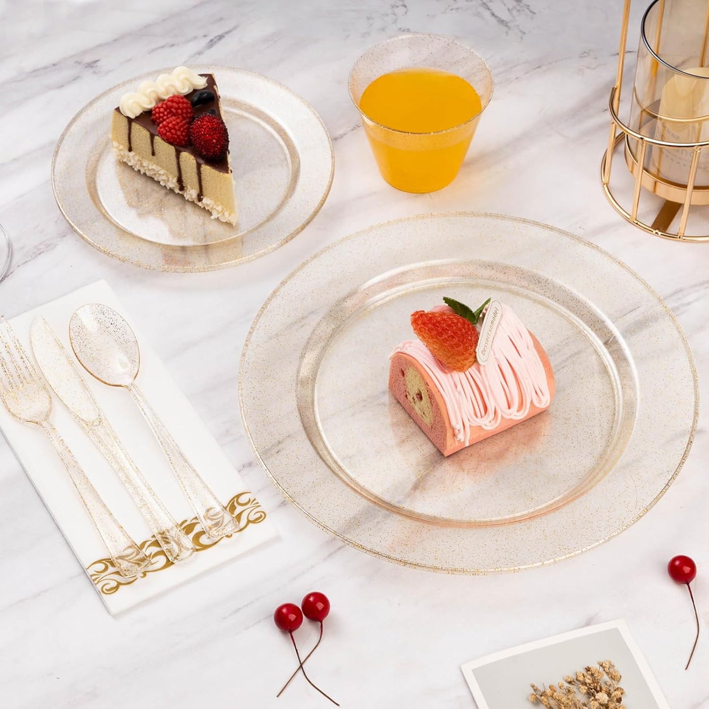 Goodluck 350 Piece Dinnerware Set for 50 Guests, Plastic Plates Disposable for Party, Include: 100 Gold Glitter Plastic Plates, 50 Paper Napkins, 50 Cups, 50 Gold Glitter Plastic Silverware Set