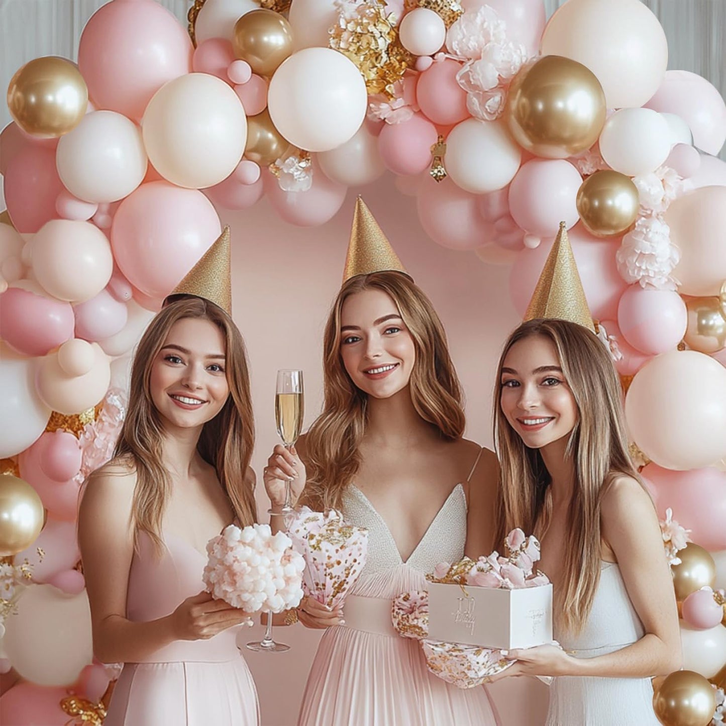 Pink Beige White Balloons Arch Kit, Light Pastel Pink Beige Sand White Chrome Gold Bobo Balloons for Engagement Wedding Bridal Shower Birthday Princess Party Decorations