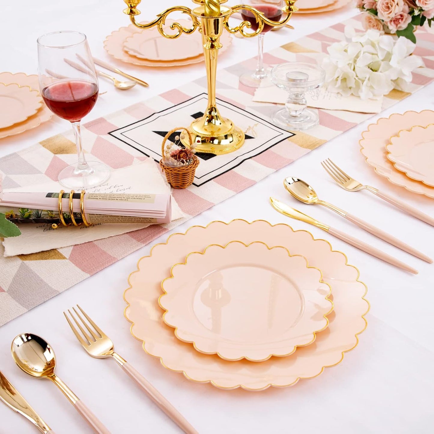 LIYH 60pcs Pink Plastic Plates with Gold Disposable Plates Includes: 30 Dinner 10.25" and 30 Dessert Plate 7.5" Gold Plastic Baby Shower Plate Set