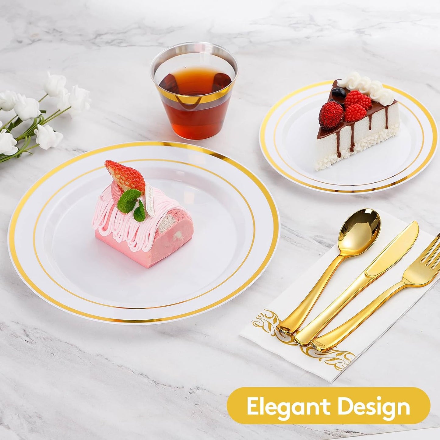 Goodluck 350 Piece Gold Dinnerware Set for 50 Guests, Plastic Plates Disposable for Party, Include: 50 Gold Rim Dinner Plates, 50 Dessert Plates, 50 Paper Napkins, 50 Cups, 50 Gold Silverware Set