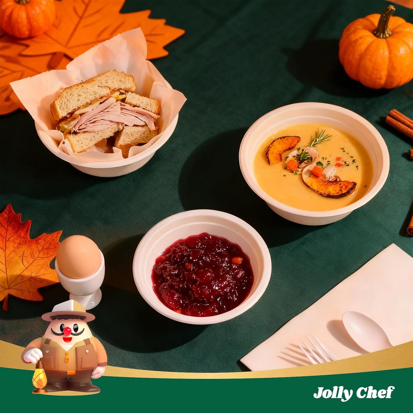 JOLLY CHEF Compostable Disposable Paper Bowl [16 oz] Heavy Duty Soup Containers [150 Pack] Biodegradable Bagasse Hot Cold Food Eco-Friendly Sugarcane Microwavable Bowls for Salad Milk Thanksgiving Day