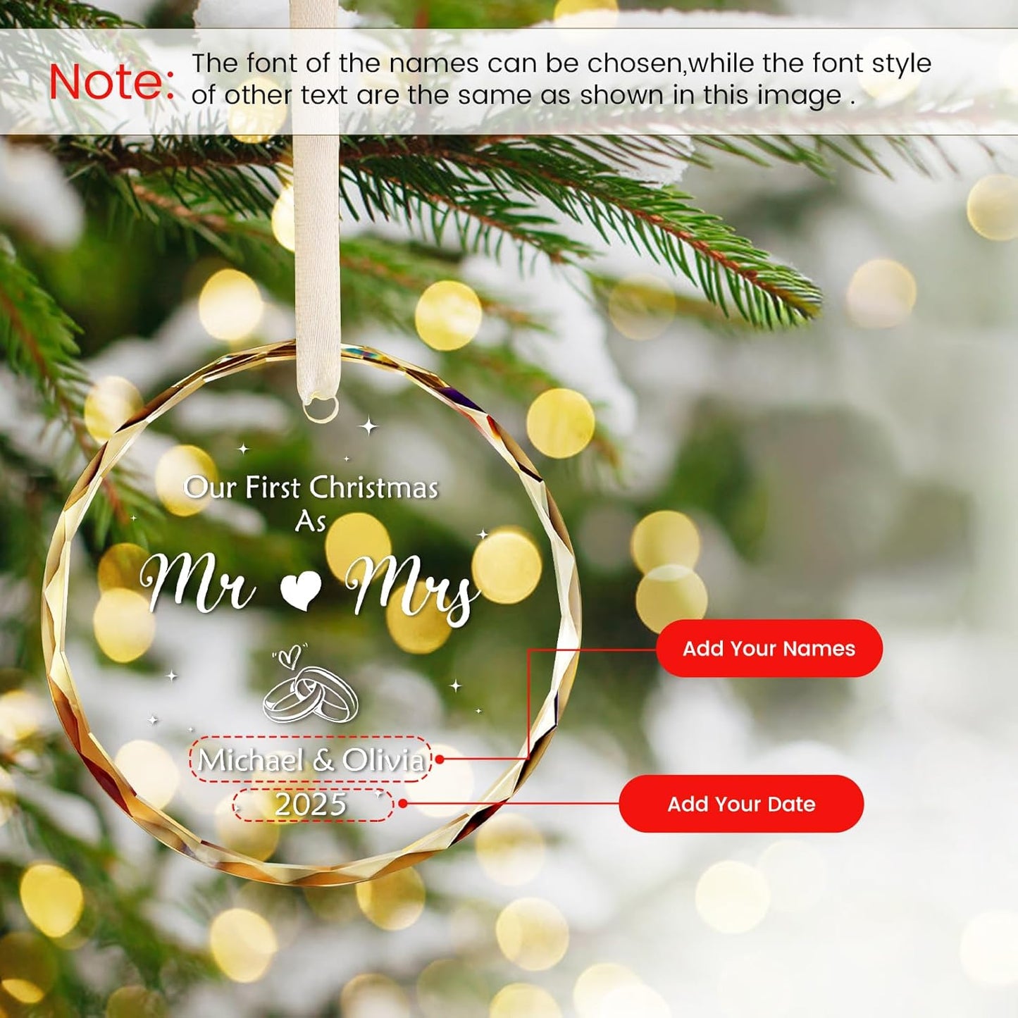 Personalized First Christmas Married Ornament 2025, Custom Engaged Christmas Ornaments with Names, Customized Wedding Engagement Gifts for Newlywed Couples Him Her