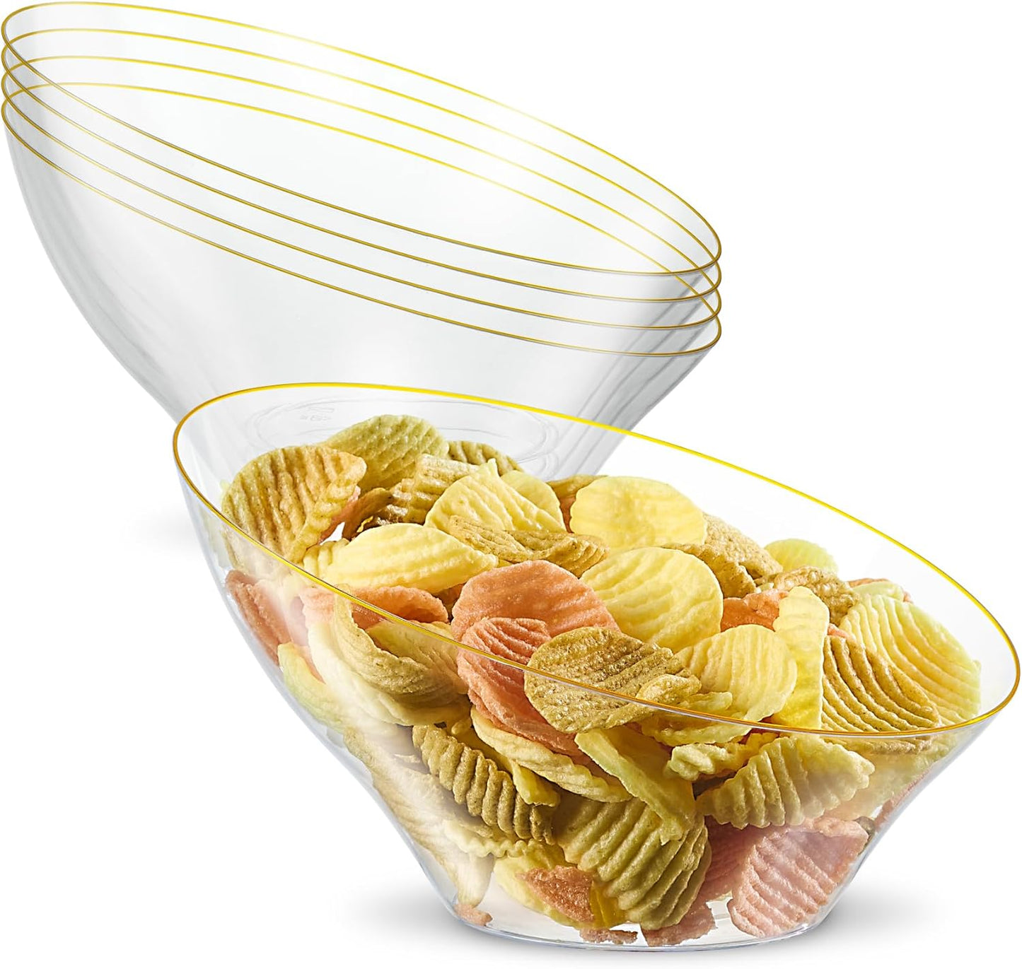 PLASTICPRO Angled Plastic Bowls Disposable Medium Plastic Clear Serving Bowls with Gold Rim for Party for Appetizer Salads Pack of 4