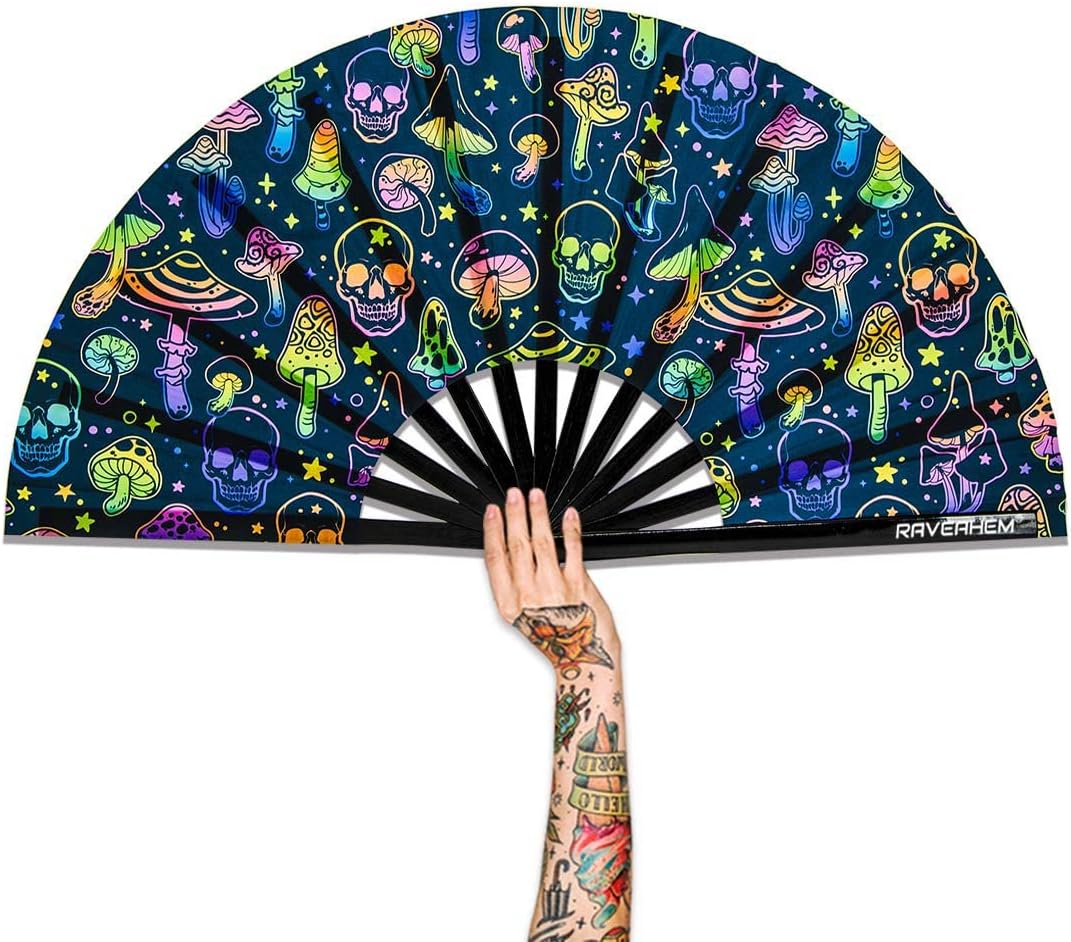 UV Glow Rave Fan, Bamboo Folding Clack Hand Fans Foldable for Men Women, Boots on the Ground Poping Fan for EDM Festival Line Dance Decoration, (Mushrooms and Skulls, Large 13")