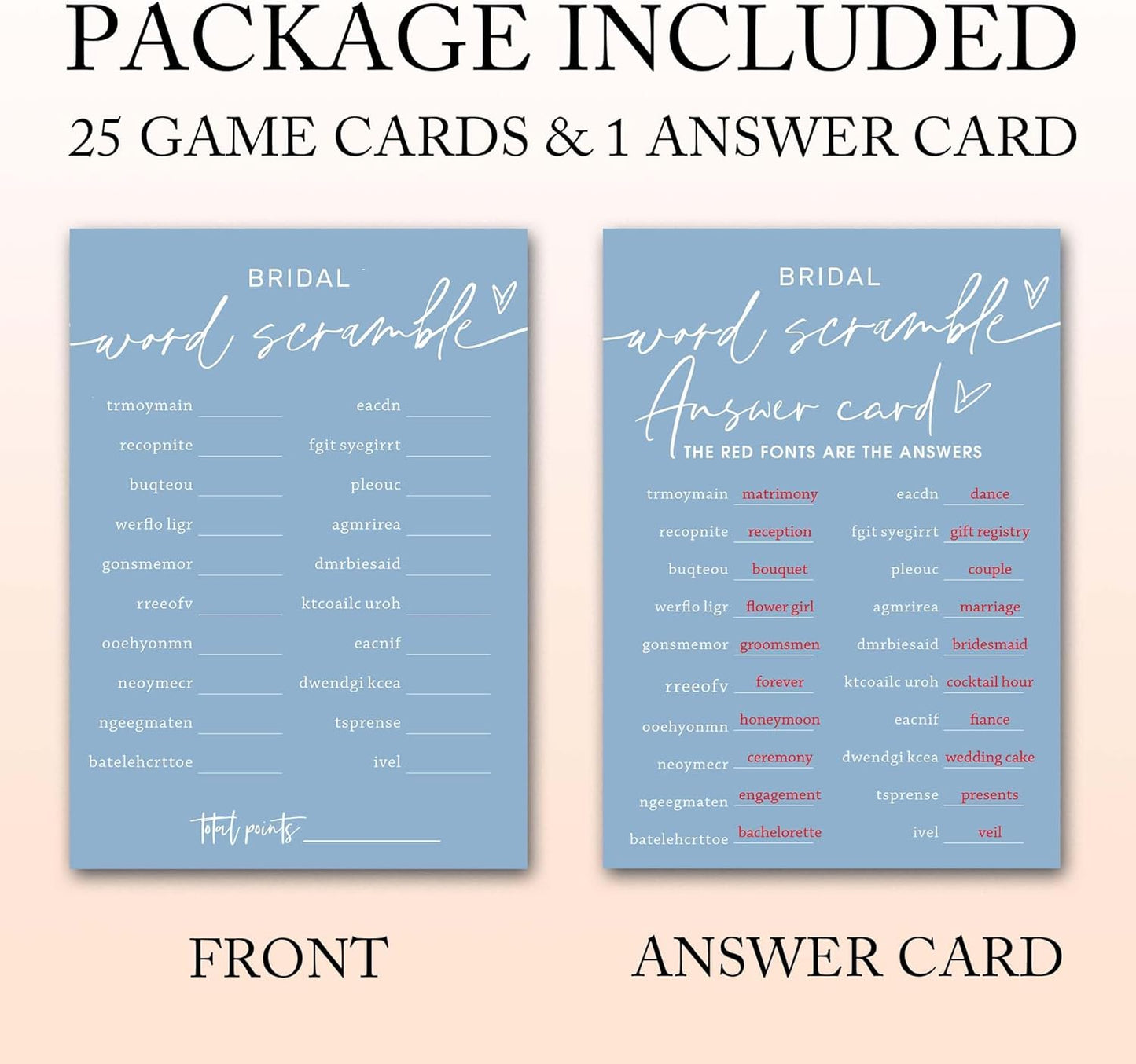 Bridal Shower Games Cards, Bridal Word Scramble, 25 Game Cards with 1 Answer Card, Engagement Party Wedding Games for Guests, Minimalist Blue Wedding Party Supplies - B14