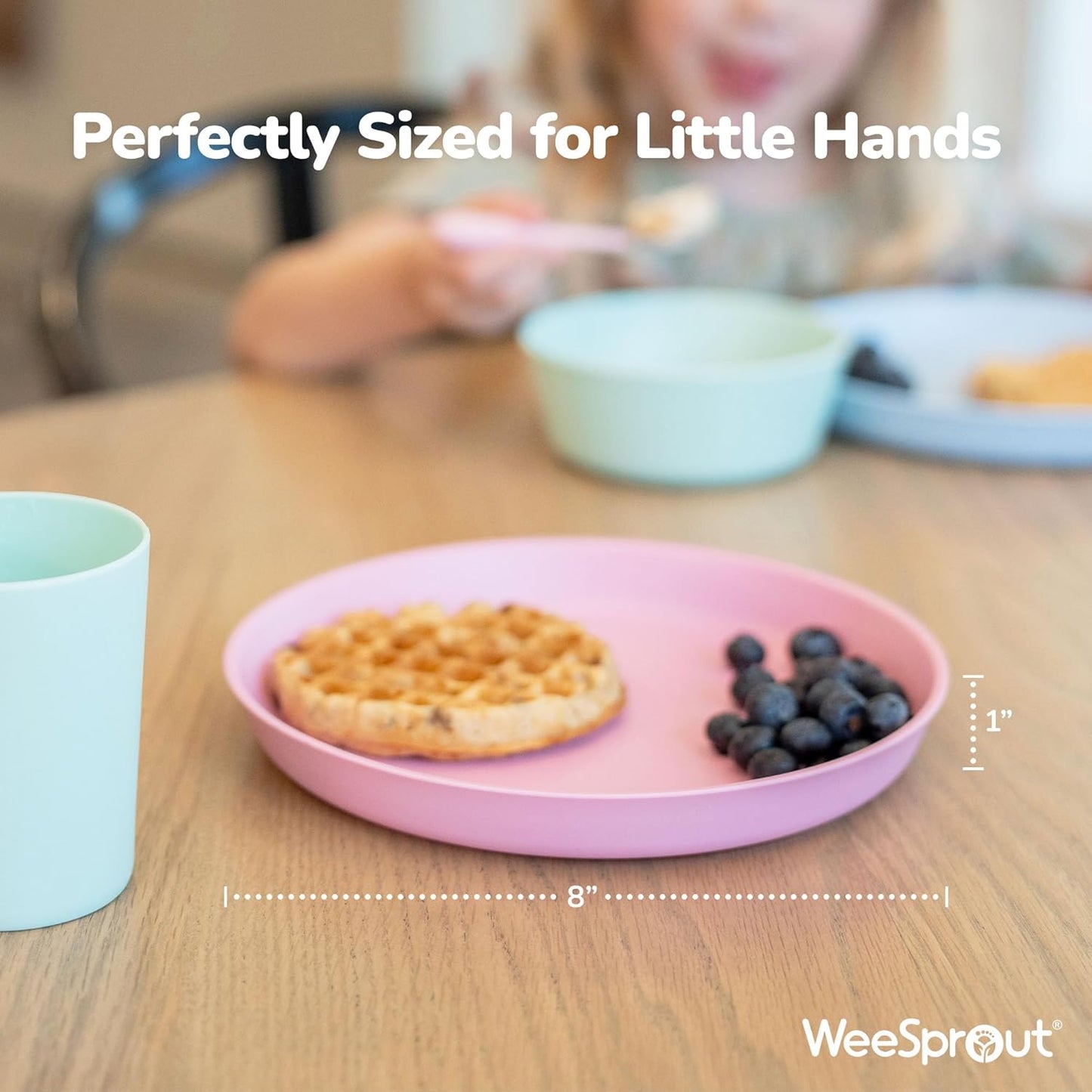 WeeSprout Bamboo Plates, Set of 4, Kid-Sized Dinnerware, Dishwasher Safe Melamine Dishware (Pastel Coral, Blue, Mint & Off White, Without Lids)