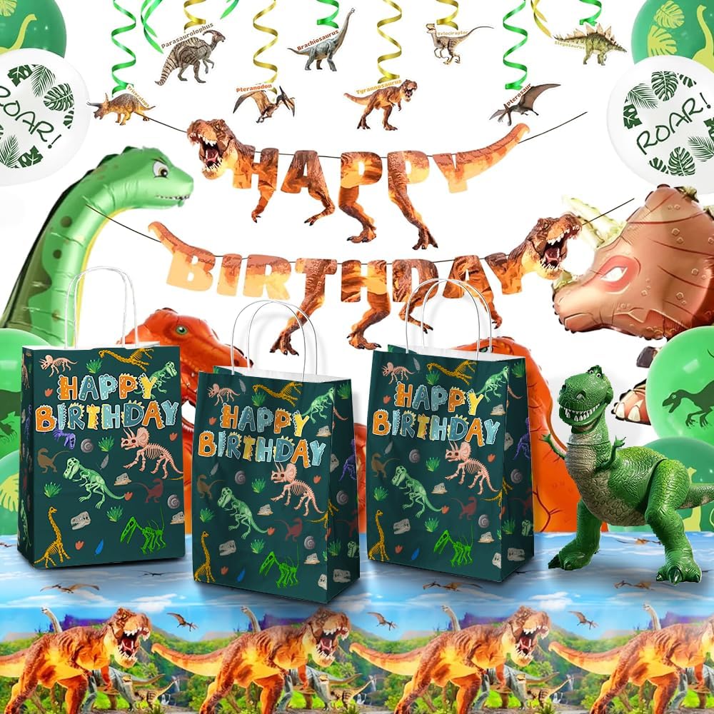 24 Pcs Dinosaur Goodie Bags with Handles - T rex Dino Theme Candy Party Favor Gift Kraft Paper Bags for Kids Boys, Birthday Party Supplies, and Baby Shower Decorations.