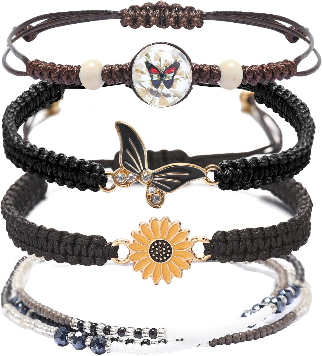 DS 4PCS String beads Charm Bracelets for Teen Girls Dainty cute cartoon Butterfly Daisy Eternal flower Beads Bracelets set for woman and girls Adjustable Stretch bracelet birthday Gift For Friends