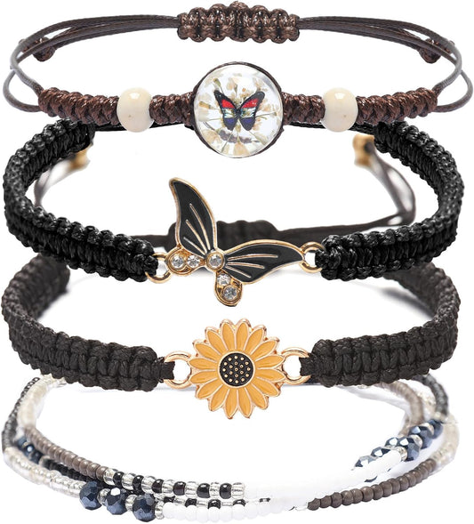 DS 4PCS String beads Charm Bracelets for Teen Girls Dainty cute cartoon Butterfly Daisy Eternal flower Beads Bracelets set for woman and girls Adjustable Stretch bracelet birthday Gift For Friends