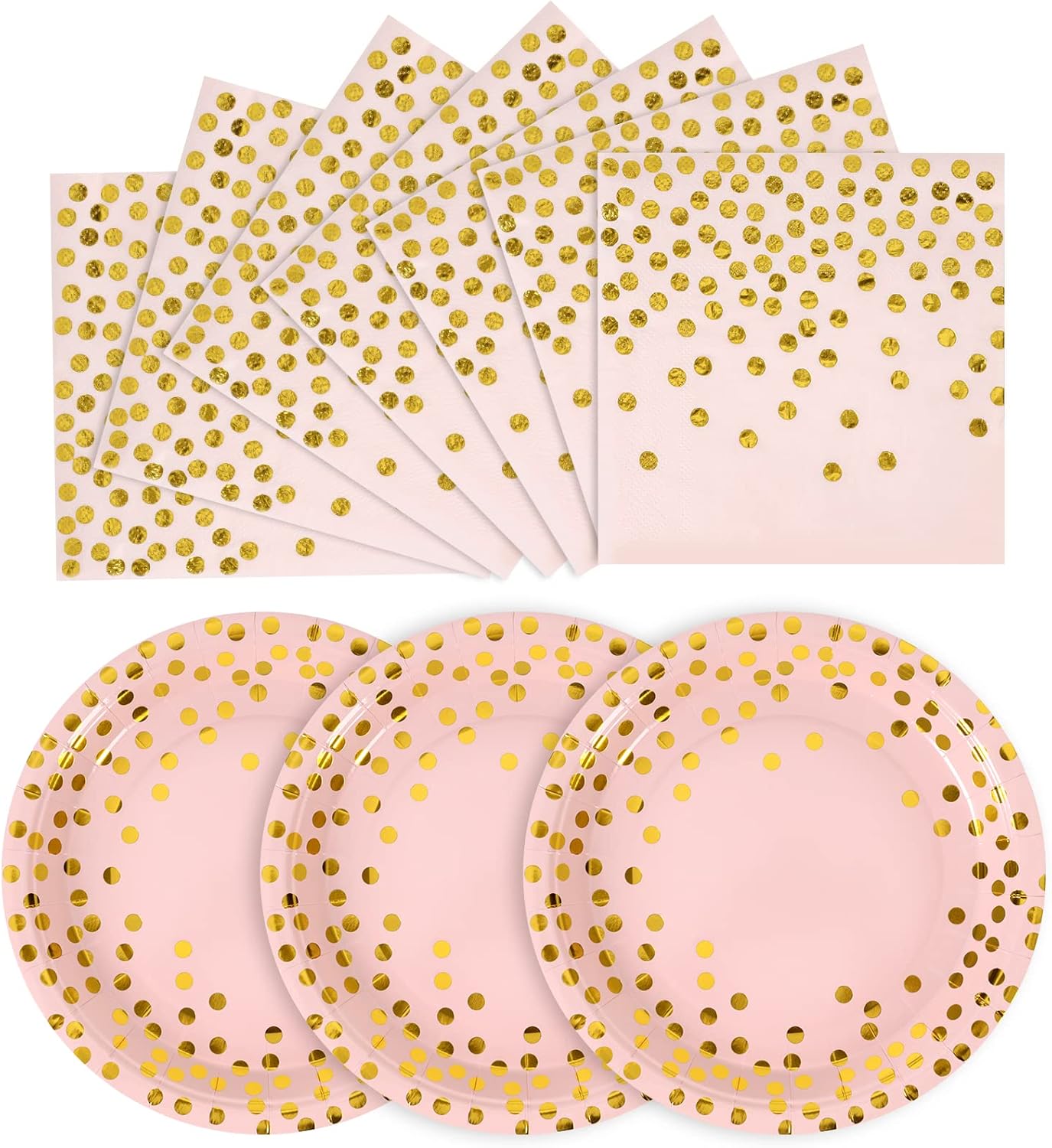 Pink and Gold Paper Plates- 100 Pack- 50 x 7" Dessert Plates & 50 x 6.5" Napkins, Pink Paper Party Supplies for Baby Showers, Birthdays and All Occasions