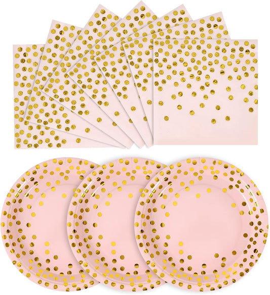 Pink and Gold Paper Plates- 100 Pack- 50 x 7" Dessert Plates & 50 x 6.5" Napkins, Pink Paper Party Supplies for Baby Showers, Birthdays and All Occasions