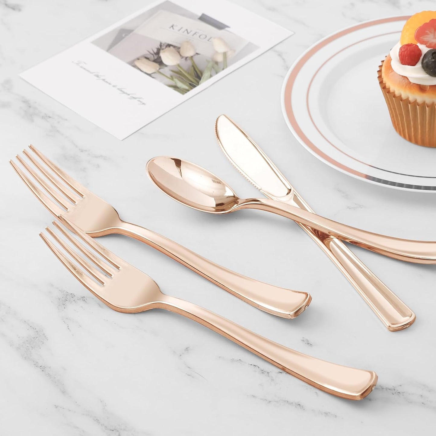 BESTVIP 100 Pack Pre Rolled Rose Gold Plastic Silverware Set, Disposable Wrapped Cutlery Set with 100 Napkins, 100 Knives, 100 Forks and 100 Spoons for Party, Birthday