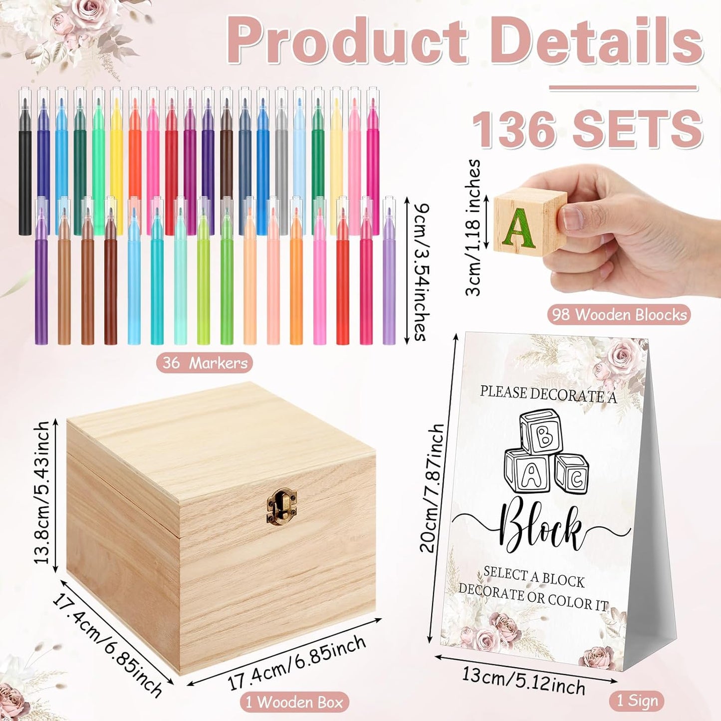Marsui 136 Pcs Baby Shower Blocks to Decorate Game Kit Includes 98 Wooden Blocks, 36 Markers, 1 Game Sign, 1 Storage Box for Baby Shower Gender Reveal Activity Party Decorations(Floral)