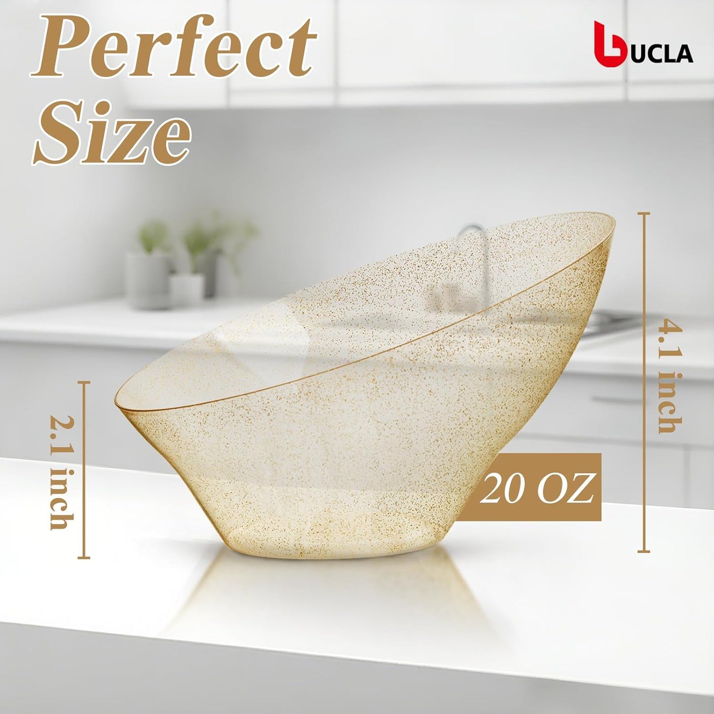 bUCLA 12 Pack Gold Glitter Plastic Serving Bowls - 20 OZ Disposable Snack, Fruit, Chip, Candy Angled Serving Bowls for Party & Thanksgiving
